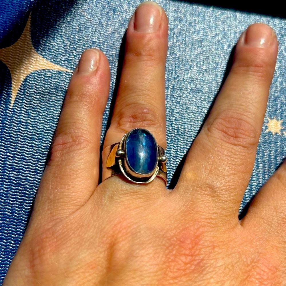 Sterling Silver Cigar Band with Gold Accents, Kyanite Ring - Sz 9.5